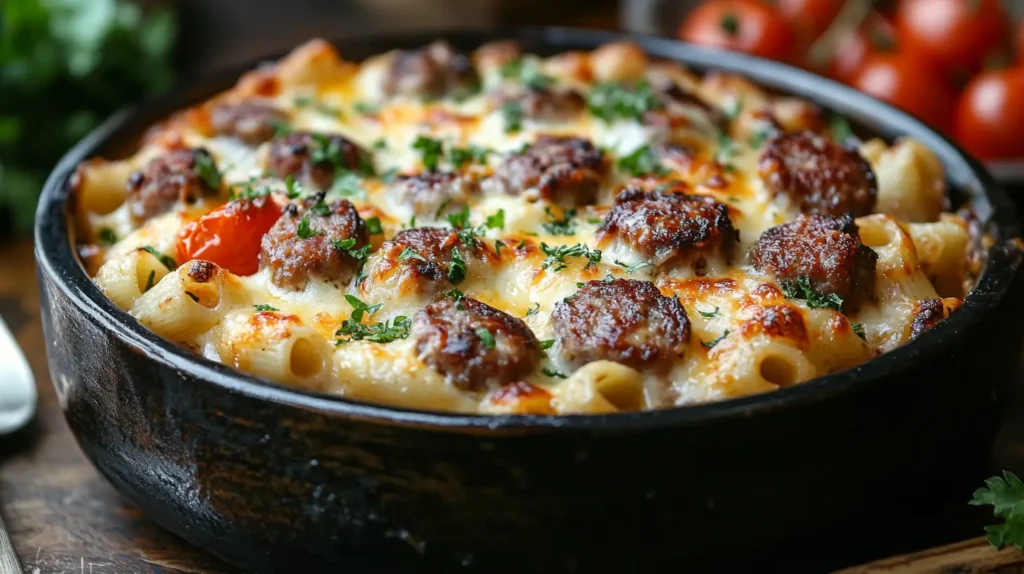 Creamy Beef Sausage Pasta Bake